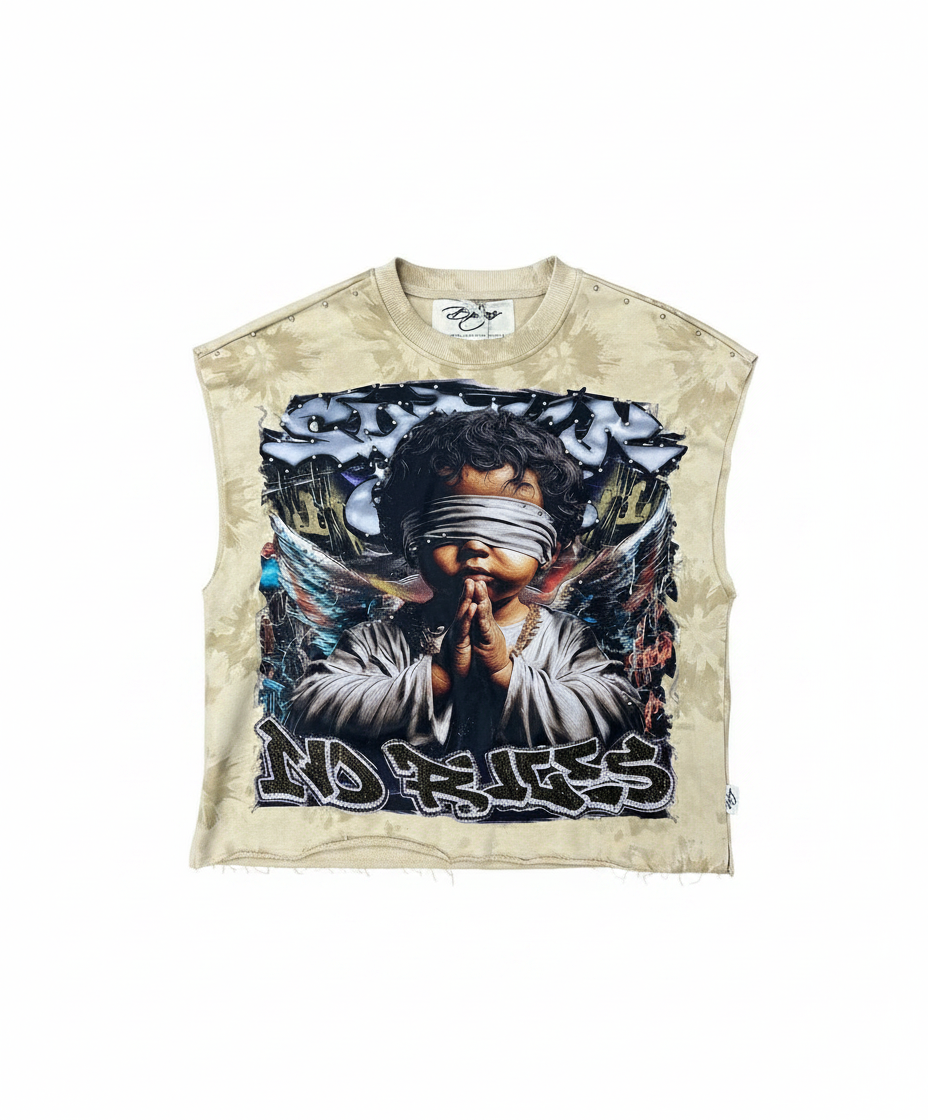 "Sinner Club" Distressed Graphic Crop Muscle Tee – Vintage Tan