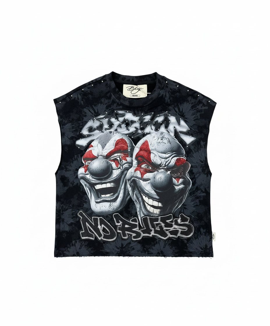 "No Rules" Dual-Clown Distressed Muscle Crop Tee – Midnight Onyx