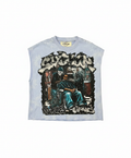 "Sinner Club" Skeletal Graphic Muscle Tee – Ice Blue Acid Wash