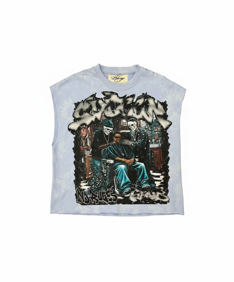 "Sinner Club" Skeletal Graphic Muscle Tee – Ice Blue Acid Wash