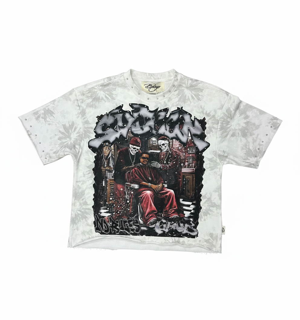 "Sinner Club" Boxy Graphic Crop Tee – Frost Grey Acid Wash