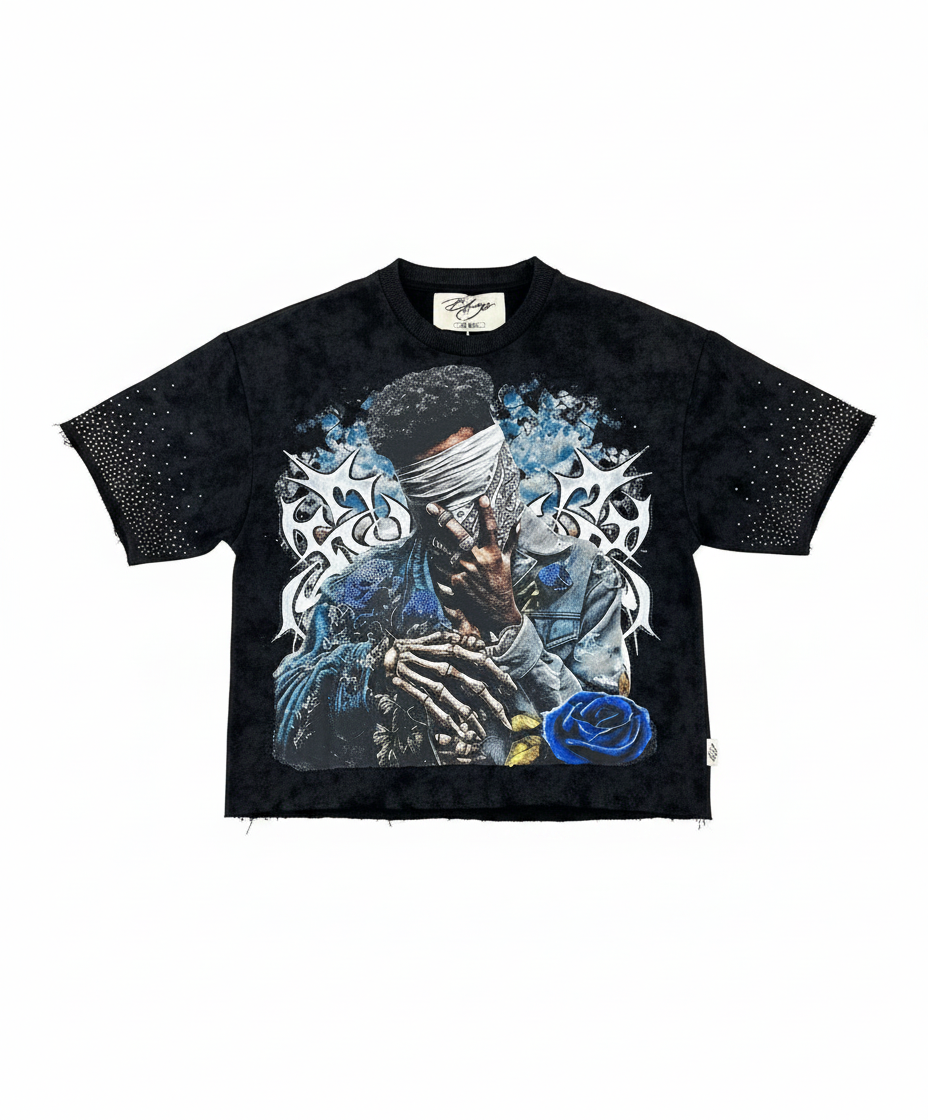 "Electric Rose" Boxy Graphic Crop Tee – Midnight Smoke Wash