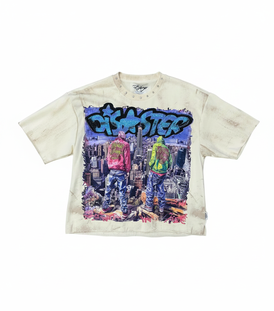 "Disaster" Boxy Graphic Crop Tee – Off-White Grunge Wash
