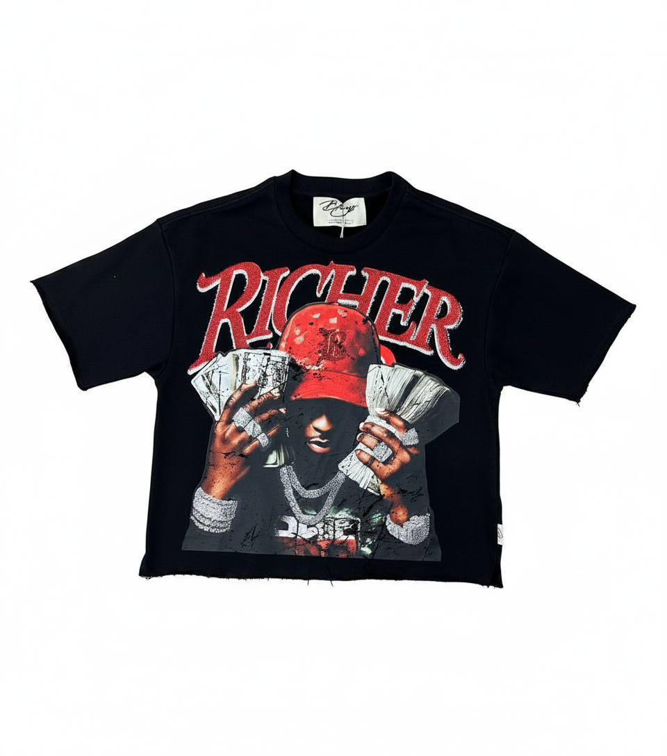 "Richer" Graphic Crop Tee – Jet Black