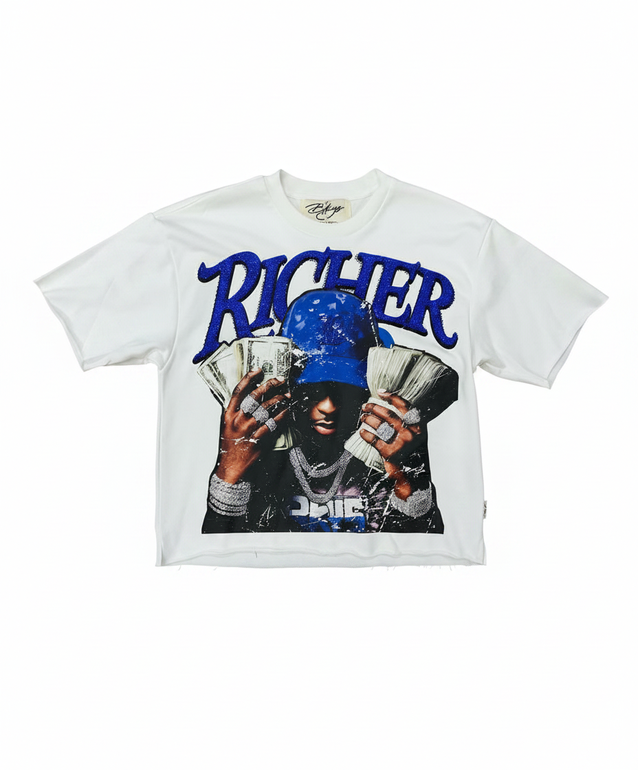 "Richer" Graphic Crop Tee – Optic White & Royal Blue