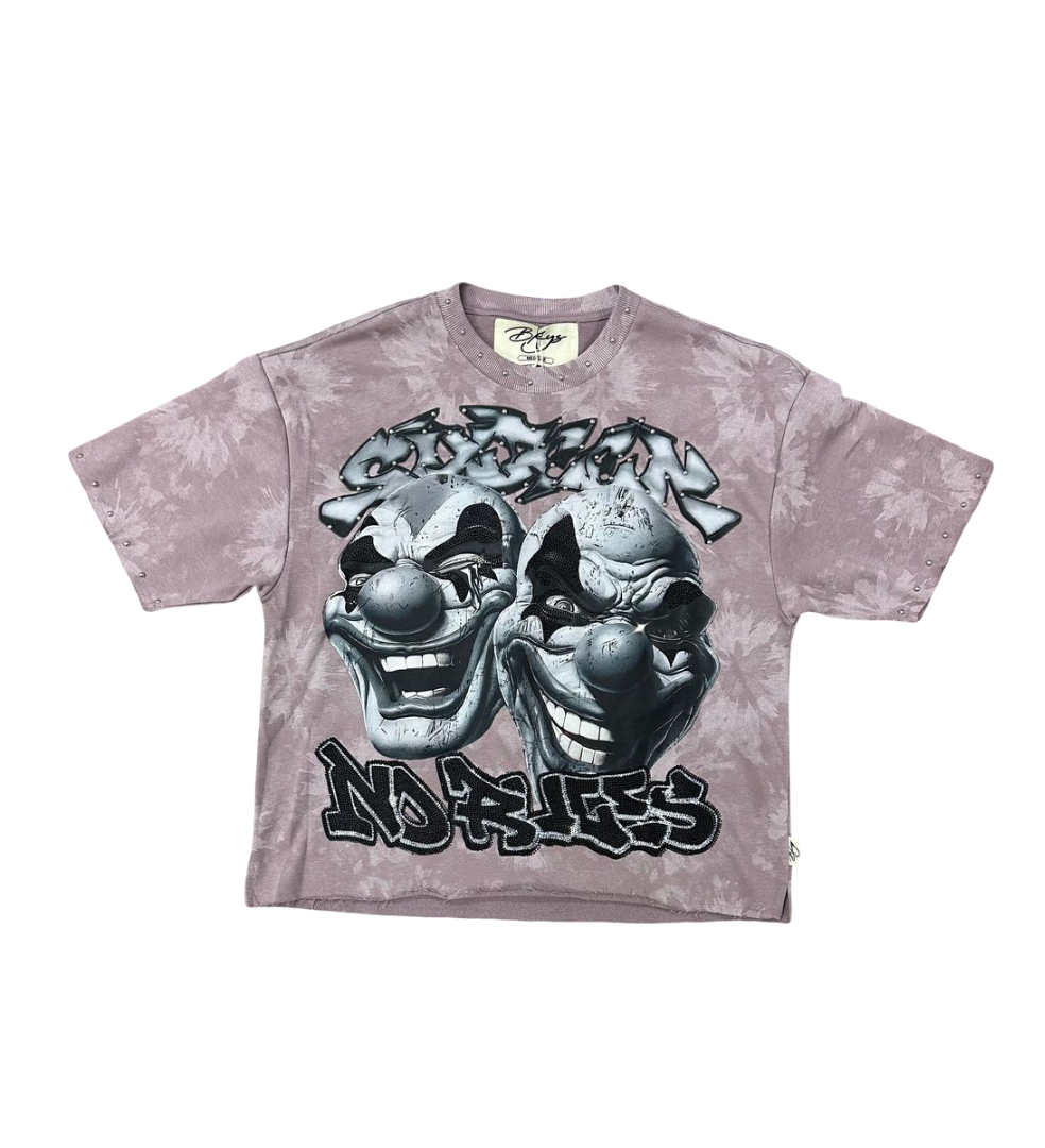 "No Rules" Dual-Clown Boxy Crop Tee – Dust Rose Acid Wash