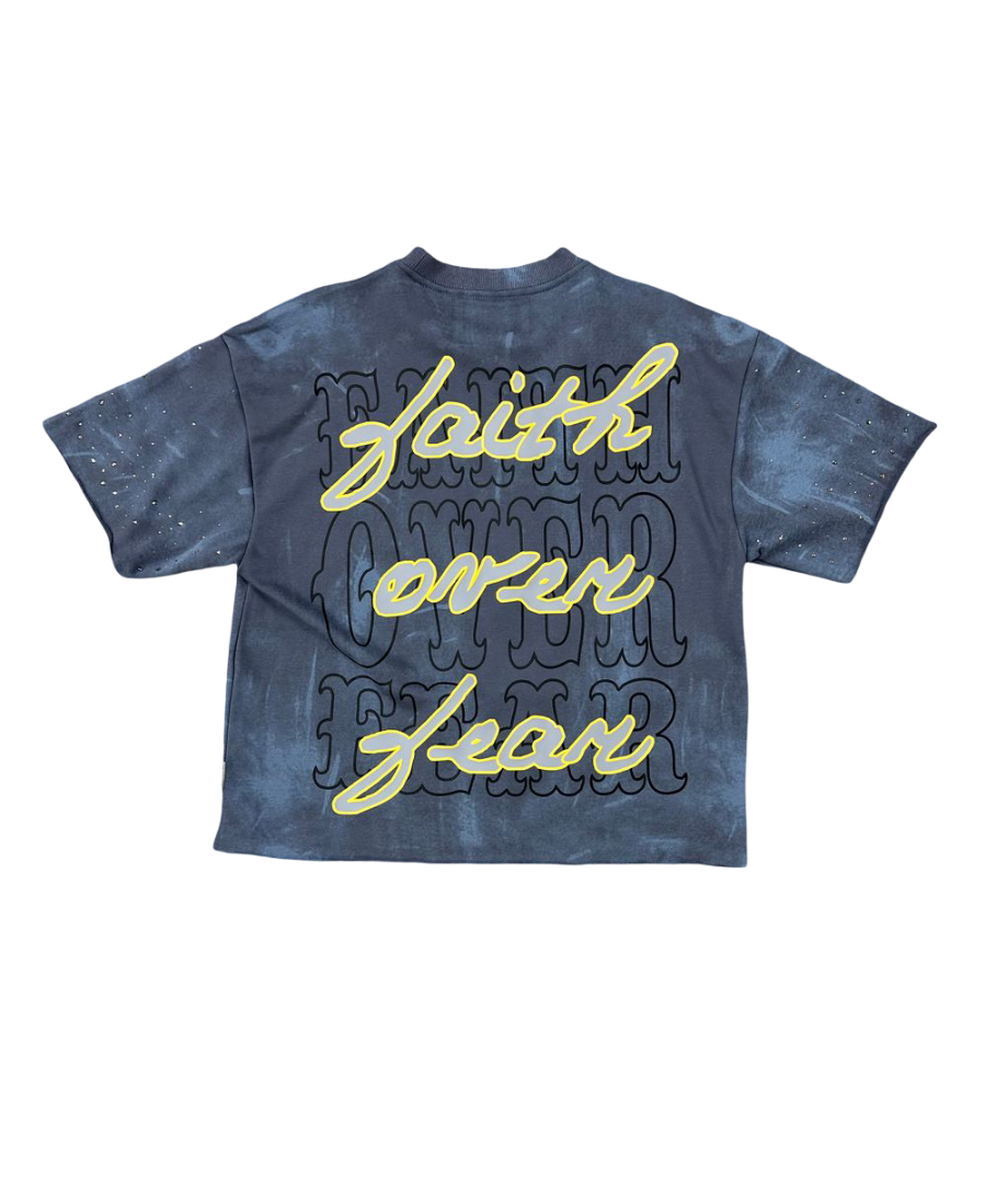 "Faith Over Fear" Boxy Graphic Crop Tee – Slate Indigo Wash